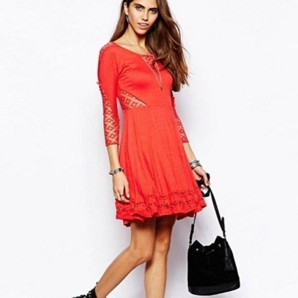 Free People Red Cut Out Lace Fit and Flare Dress - Picture 10 of 12